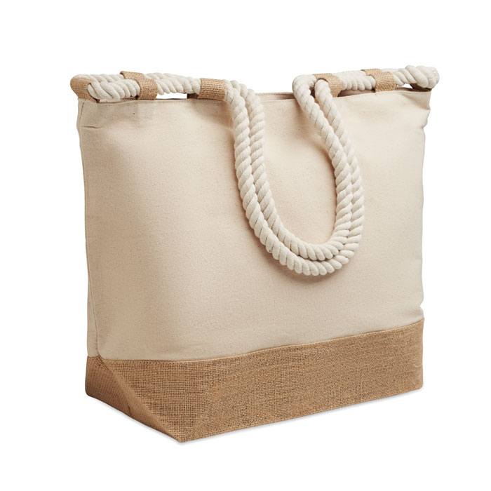 Sac de plage promotionnel en toile 280 g/m² et jute Makenke Beige