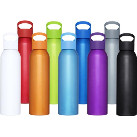 Alignement de plusieurs gourdes de sport de différentes couleurs vues de face, sans marquage apparent.