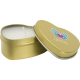 Bougie en boîte métal dorée en forme de cœur avec couvercle ouvert, avec personnalisation visible sur le couvercle.
