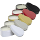 Assortiment de bougies en boîtes métal en forme de cœur de différents coloris, certaines ouvertes, sans marquage visible.