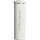 Gobelet isotherme beige vue de face avec couvercle et bande métallique, avec personnalisation visible sur la face du produit.