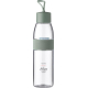 Bouteille d’eau transparente avec bouchon vert et bande textile assortie vue de face, avec personnalisation visible en bas du co