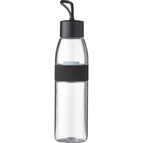 Bouteille d’eau transparente avec bouchon noir et bande textile noire vue de face, sans personnalisation visible, marquage de br