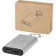 Batterie de secours en aluminium avec anneau porte-clés vue de face avec packaging en arrière-plan, avec personnalisation visibl