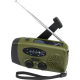 Radio d’urgence verte avec antenne déployée et panneau solaire vue de trois quarts, sans marquage visible. Radio d’urgence verte avec antenne déployée et panneau solaire vue de trois quarts, sans marquage visible.