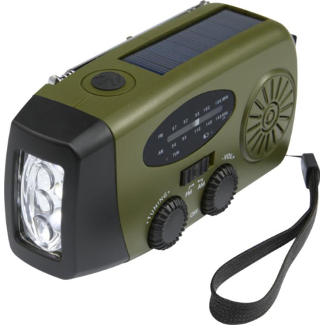 Radio d’urgence verte avec lampe frontale visible vue de trois quarts, sans personnalisation apparente.
