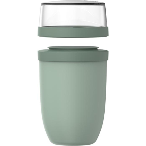 Pot repas isotherme vert présenté en vue éclatée avec couvercle séparé, sans personnalisation apparente.