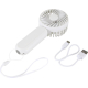 Ventilateur portable blanc avec câble de chargement, sans personnalisation apparente.