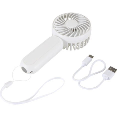 Ventilateur portable blanc avec câble de chargement, sans personnalisation apparente.