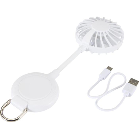 Ventilateur portable blanc avec câble de chargement, sans personnalisation apparente.