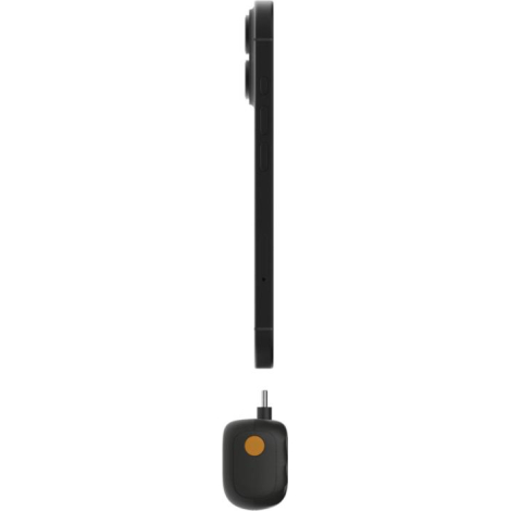 Batterie de secours positionnée sous un smartphone montrant format compact et connecteur intégré, sans marquage visible.