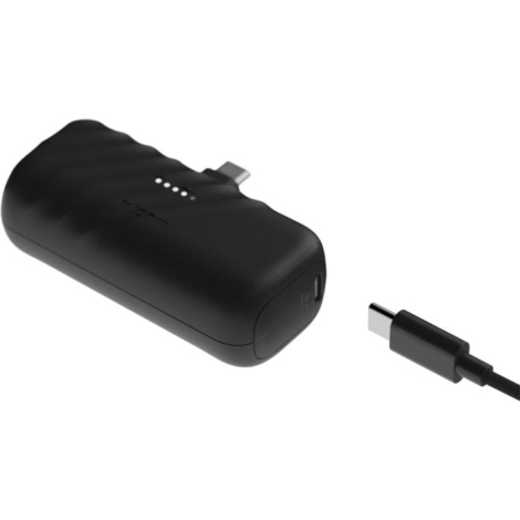 Batterie de secours avec câble USB-C montrant options de recharge, sans personnalisation apparente.