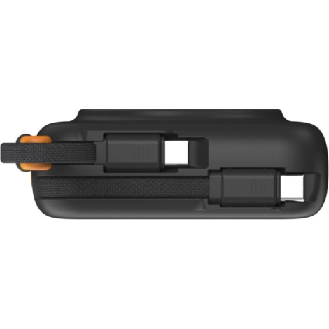 Vue latérale du chargeur montrant câbles intégrés et rangement, sans personnalisation apparente.