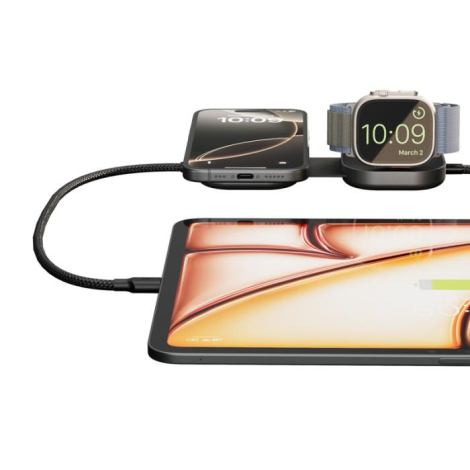 Câble de charge utilisé avec smartphone, montre connectée et tablette en situation, sans personnalisation visible sur le produit