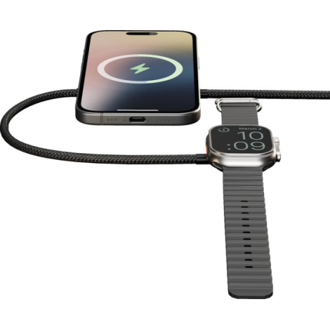 Câble de charge utilisé avec smartphone et montre connectée en situation, sans personnalisation visible sur le produit.