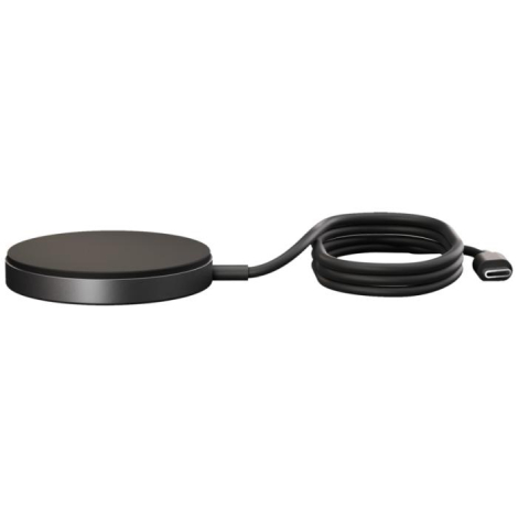 Chargeur sans fil en vue de profil avec câble enroulé et connecteur visible, sans personnalisation apparente.