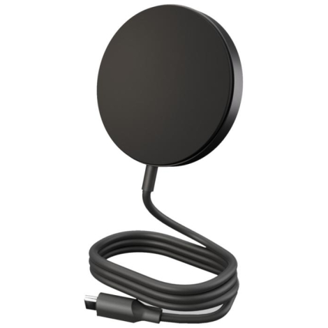 Chargeur sans fil en vue verticale avec câble visible, sans marquage apparent.