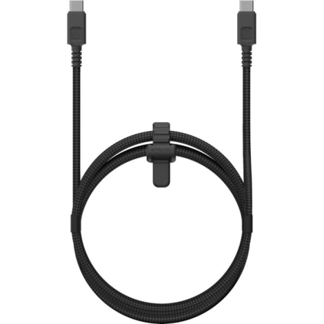 Câble USB-C enroulé avec connecteurs visibles en partie haute, sans personnalisation visible.