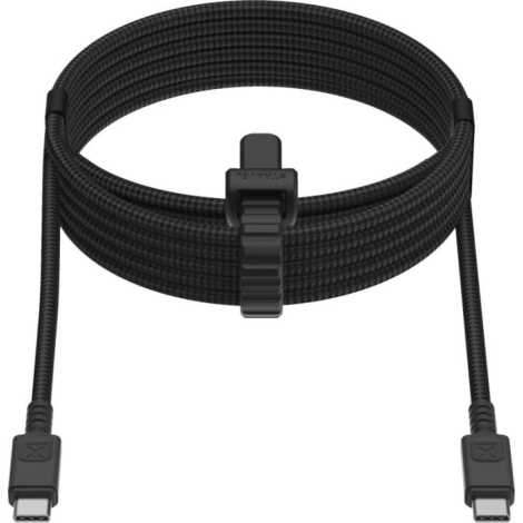 Câble USB-C enroulé avec attache centrale et extrémités visibles, sans marquage visible.