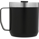 Tasse de camping noire vue de côté avec anse à gauche, sans personnalisation visible sur la surface.