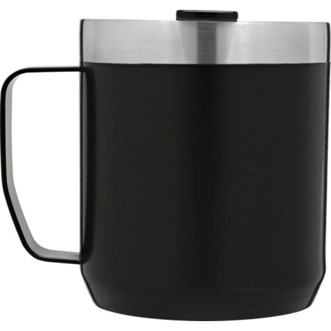 Tasse de camping noire vue de côté avec anse à gauche, sans personnalisation visible sur la surface.