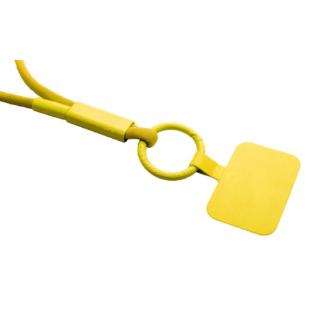 Vue rapprochée d’un lanyard avec cordon tubulaire, anneau circulaire et plaque rectangulaire unie, sans marquage visible