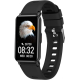 Bracelet intelligent noir avec écran rectangulaire affichant une interface colorée, présenté de face avec bracelet silicone noir