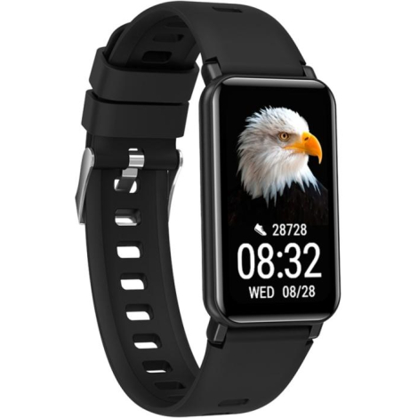 Bracelet intelligent noir présenté sous un autre angle de face avec affichage d’interface sur l’écran, sans personnalisation app