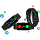 Composition de trois bracelets intelligents noirs affichant différentes interfaces de notifications et d’appels, sans marquage v