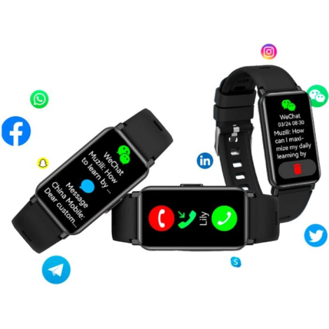 Composition de trois bracelets intelligents noirs affichant différentes interfaces de notifications et d’appels, sans marquage v