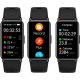 Présentation de trois écrans de suivi sportif affichés sur des bracelets intelligents noirs, sans personnalisation visible