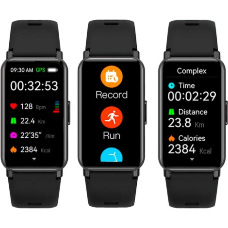 Présentation de trois écrans de suivi sportif affichés sur des bracelets intelligents noirs, sans personnalisation visible