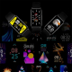 Montage visuel de plusieurs interfaces d’écran affichées sur des bracelets intelligents noirs, sans marquage visible sur les pro