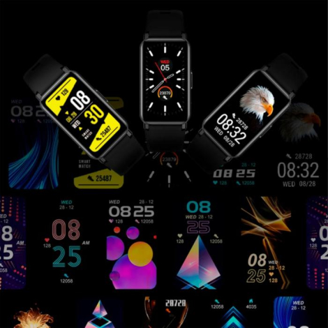 Montage visuel de plusieurs interfaces d’écran affichées sur des bracelets intelligents noirs, sans marquage visible sur les pro