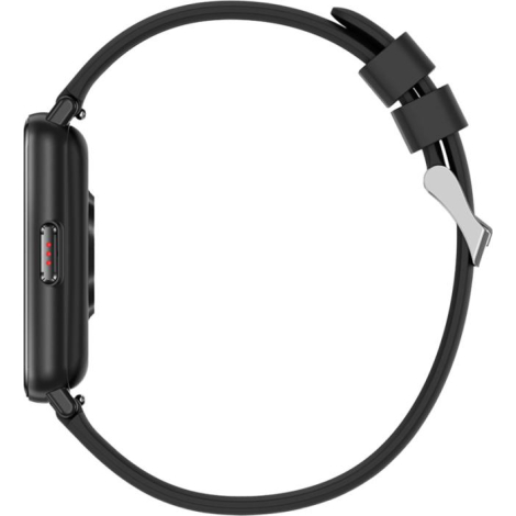 Vue latérale d’un bracelet intelligent noir montrant le boîtier et le bracelet silicone, sans personnalisation apparente