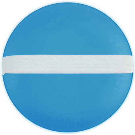 Vue arrière d’un disque bleu avec bande élastique de maintien, sans marquage visible