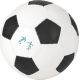 Ballon de football vu de face avec personnalisation visible sur un panneau blanc intégré à la surface
