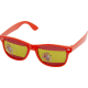 Paire de lunettes de soleil avec monture rouge et verres perforés aux couleurs d’un drapeau avec personnalisation visible sur le
