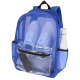 Sac à dos bleu avec compartiment principal contenant chaussures et gourde latérale, sans personnalisation apparente