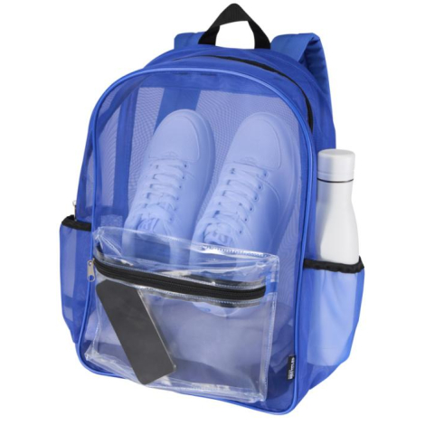 Sac à dos bleu avec compartiment principal contenant chaussures et gourde latérale, sans personnalisation apparente