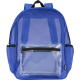 Sac à dos bleu vu de face avec poche frontale transparente, sans marquage visible