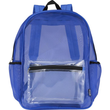 Sac à dos bleu vu de face avec poche frontale transparente, sans marquage visible