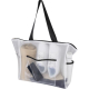 Sac shopping transparent avec anses noires contenant des objets et poche frontale transparente, sans marquage visible