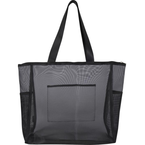 Sac shopping en mesh noir vu de face avec poche frontale, sans personnalisation apparente