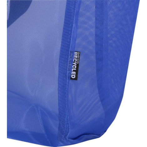 Zoom sur sac bleu montrant texture du matériau et étiquette latérale, sans marquage visible