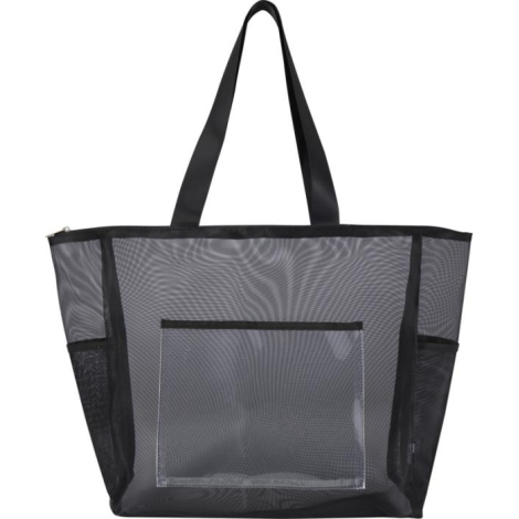 Sac shopping en mesh noir vu de face avec poche frontale transparente, sans marquage visible