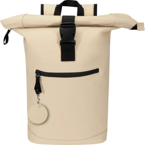 Porte-clés rond beige accroché à un sac, sans marquage visible