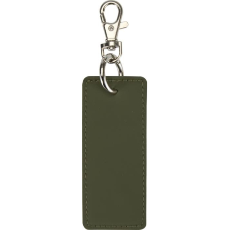 Porte-clés rectangulaire vert aspect cuir avec finition mate et couture apparente, sans personnalisation visible