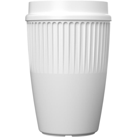 Gobelet blanc avec couvercle assorti et relief vertical sur la partie supérieure, sans personnalisation apparente