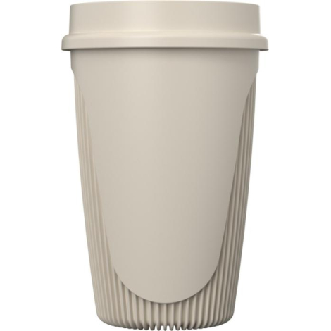 Gobelet beige avec couvercle assorti et relief vertical sur la partie basse, sans marquage visible